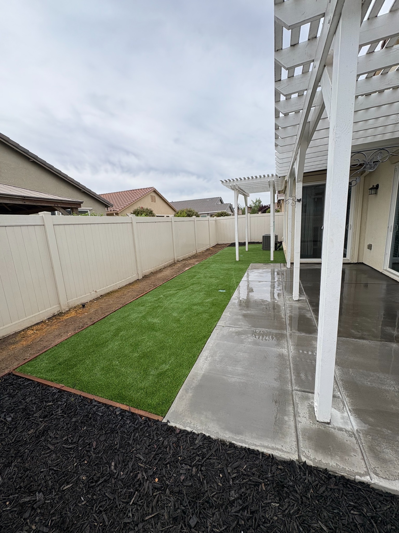Artificial turf and black mulch backyard