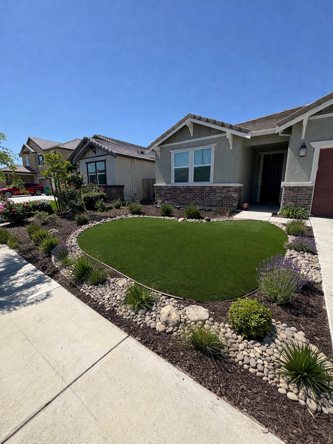 Large artificial turf and rock landscape
